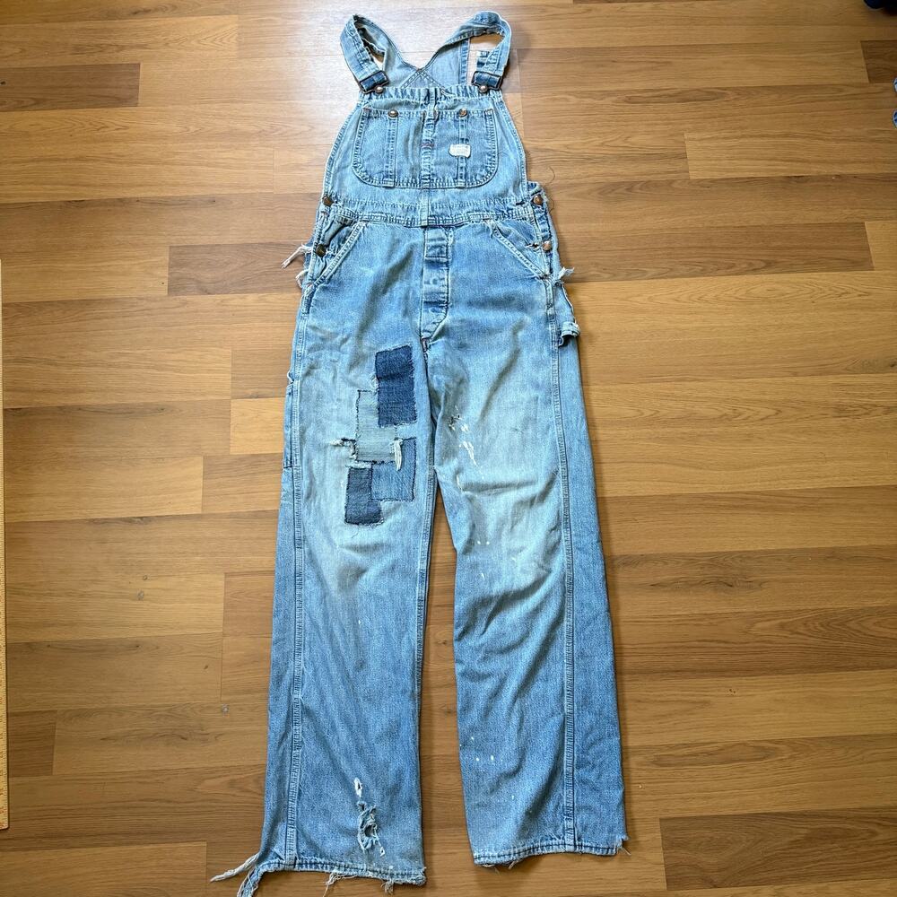 Vintage 1970's Big Mac Patched Distressed Denim Blue Jean Overalls Sz 32 x 31